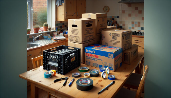 A cluttered kitchen table with cardboard boxes, plastic crates, packing tape, labels, and a permanent marker for house clearance.