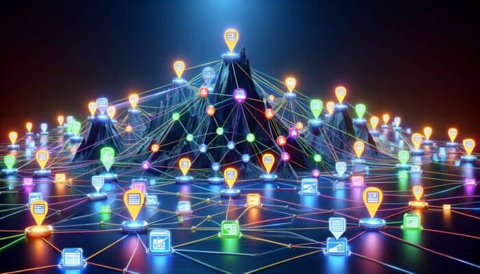 Best Practices for Competitor Backlink Analysis: A network of glowing websites connected by colorful anchor text chains, with two competing domains climbing a search engine mountain and displaying authority badges.