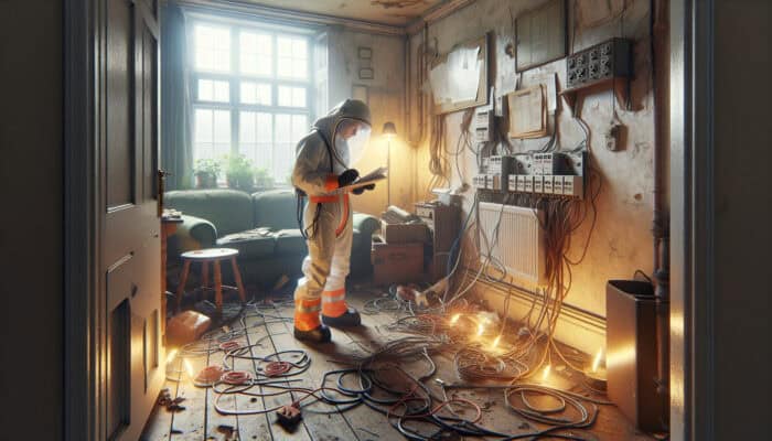 Handling Electronics Safely During Clearance: A dimly lit British living room with frayed electrical plugs, sparking wires, and a certified electrician inspecting for shock hazards.