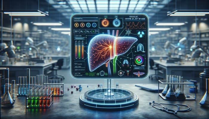 Understanding Normal Liver Enzyme Levels: Illustration of a glowing human liver in a UK hospital lab, with NHS ALT and AST level overlays, charts, and test tubes.