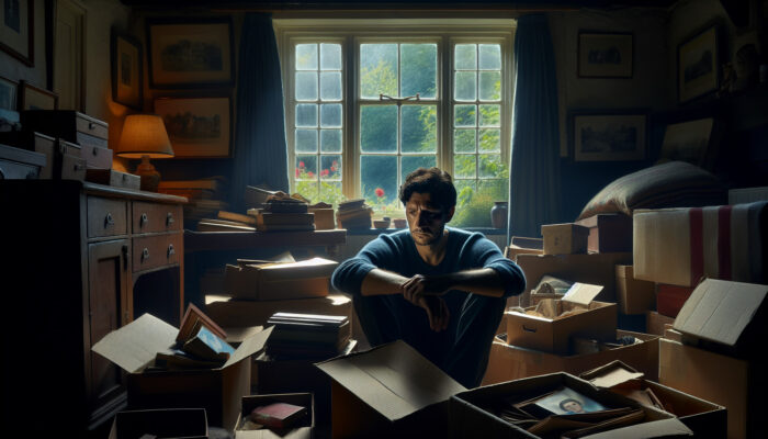 A grieving individual surrounded by cluttered boxes of family photographs in a dimly lit UK home, reflecting on their feelings as sunlight streams through a window to a peaceful garden.