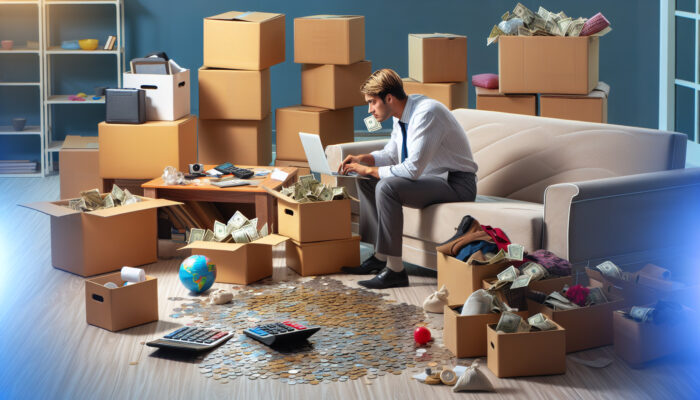 A focused individual sorting through boxes in a cluttered living room, reviewing a budget spreadsheet on a laptop surrounded by coins, notes, and a calculator.