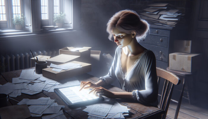A calm British woman at a wooden desk in a cluttered home, using a tablet app to manage budgets amid moving boxes and receipts.