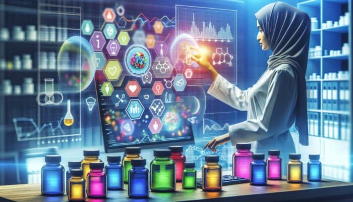 A scientist in a modern lab reviews case study charts on a digital screen, surrounded by colorful supplement bottles and positive graphs.