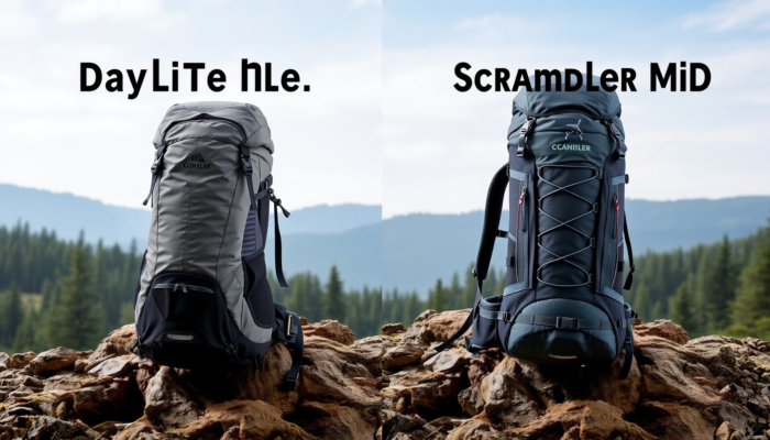 Side-by-side comparison of a budget-friendly Daylite Hiker backpack and a premium Scrambler Mid backpack in a natural outdoor setting, showcasing their unique designs and features on rocky terrain with a forest backdrop.