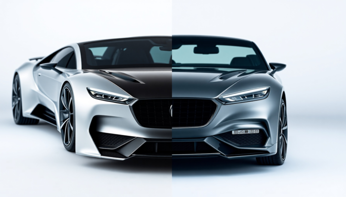 Side-by-side comparison of two distinct models: one with a sleek, modern design and futuristic elements, and the other with a traditional, classic appearance, showcasing contrasting colours, textures, and materials.
