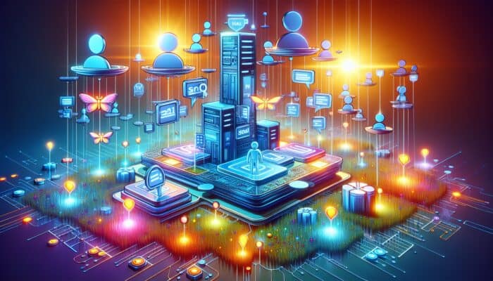 A vibrant digital scene with floating glowing keywords, holographic meta tags on a website blueprint, a scale balancing search bots and happy users, and background servers.