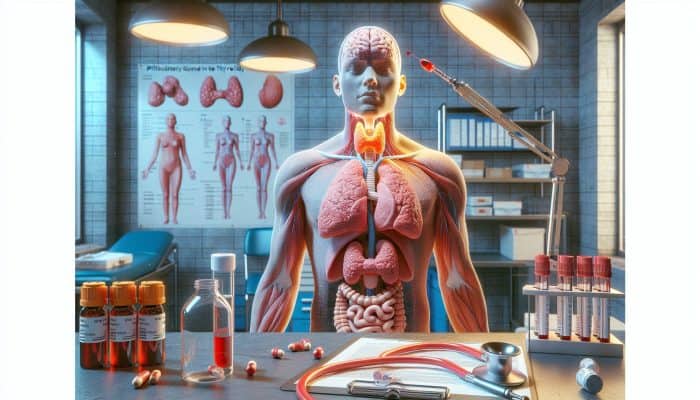 Illustration showing the pituitary gland releasing TSH to stimulate the thyroid, which produces T3 and T4 in a UK NHS clinic with blood vials and charts.