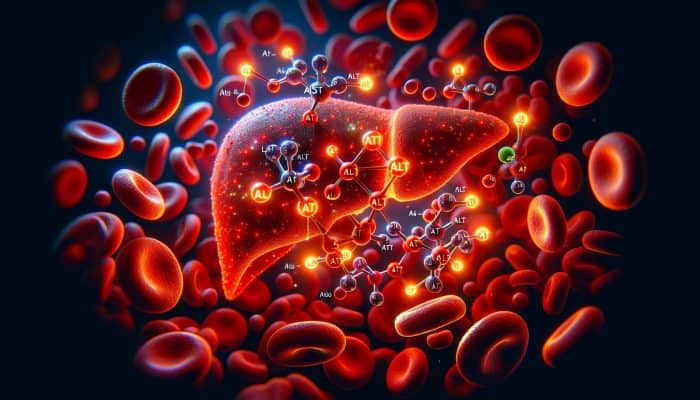 Can Alcohol Cause High Liver Enzymes: Microscopic view of a human liver with glowing ALT and AST enzymes facilitating metabolic processes, surrounded by red blood cells symbolising health monitoring.
