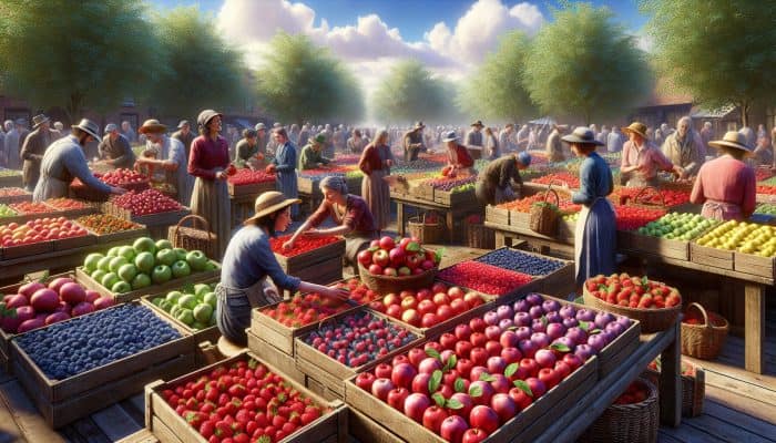Foods for Overall Vitality: A vibrant UK market scene with ripe red apples from Kent, fresh Scottish berries on wooden stalls, under a sunny sky, and enthusiastic harvest pickers.
