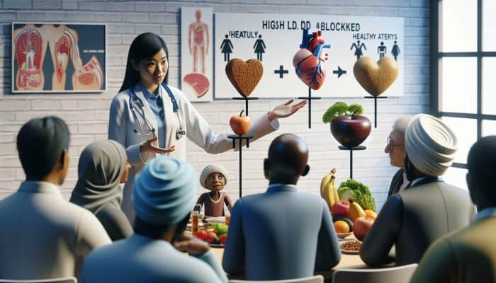 When Is Cholesterol Considered Dangerously High: Doctor explains high cholesterol risks in UK NHS clinic using charts of LDL, blocked arteries, fatty foods, and a healthy heart icon to diverse patients.