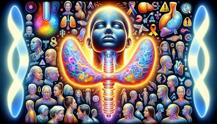 Thyroid Disease vs. Hashimoto's: Illustration of a glowing thyroid gland symbolising UK hypothyroidism and hyperthyroidism, with diverse adults showing symptoms, NHS logos, and awareness ribbons.