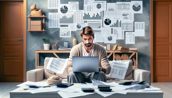 Debt Consolidation for Home Repair Loans: Essential Tips | DCL A focused homeowner in a cozy UK home office reviews debts on a laptop, surrounded by calculators, income documents, and lender rate charts.