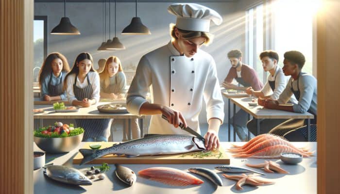 Skilled chef demonstrates fish deboning in a sunlit kitchen, removing bones from a fresh trout amid seafood and students.