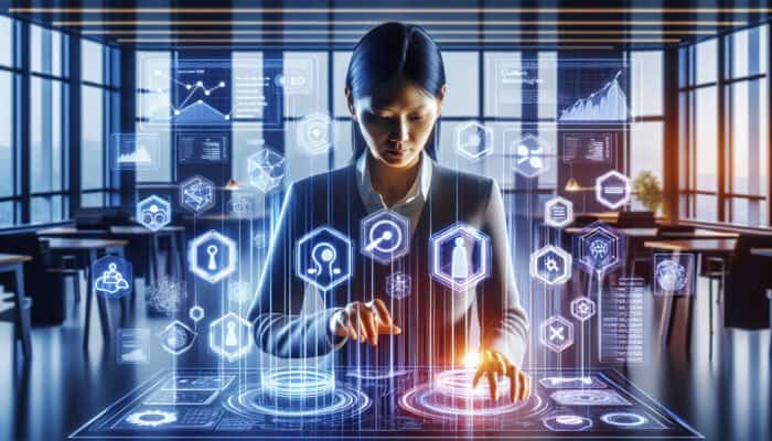 A focused human virtual assistant in a modern office analyzes SEO data on holographic screens, displaying keyword clouds, analytics graphs, and link-building networks.