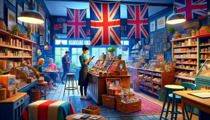 A smiling small business owner in a cozy Devizes shop posts colorful product photos on Instagram, surrounded by artisan displays and browsing customers.