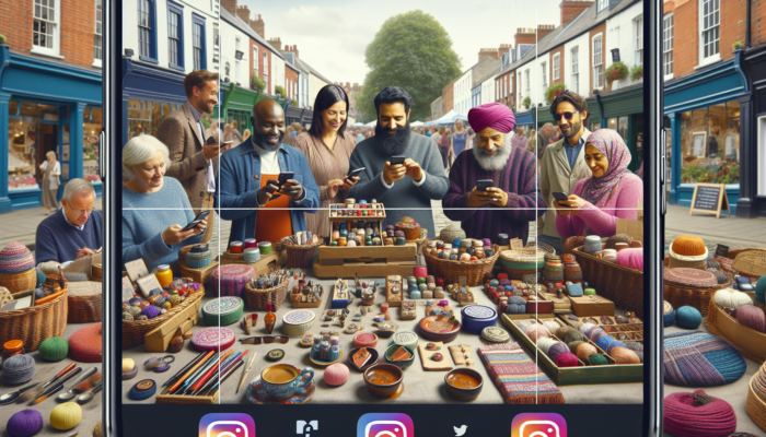 Small business owners in Devizes, UK, showcase colorful products at a market stall on Instagram, with customers engaging via messages and shopping icons.