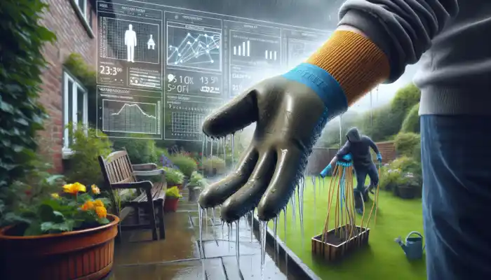 Extra Long Rubber Gloves in Taunton: Extra-long natural rubber gloves with reinforced cuffs on a person gardening in a rainy UK backyard, resisting water and chemicals.