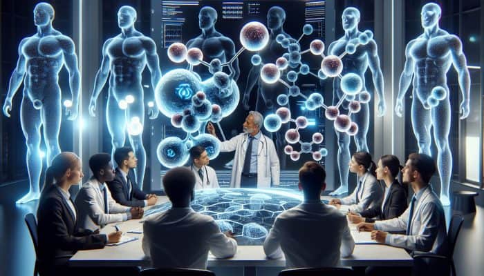 Diverse scientists in a modern lab examining glowing 3D hormone models and charts on male weight effects, with high-tech screens.