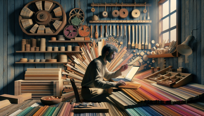 Carpenter in Wells workshop typing blog on wood selection, surrounded by tools, samples, and laptop, symbolising content marketing.