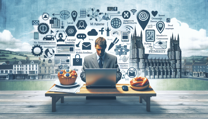 Business owner in Wells at laptop, designing website with local keywords, surrounded by social media icons and Wells Cathedral.