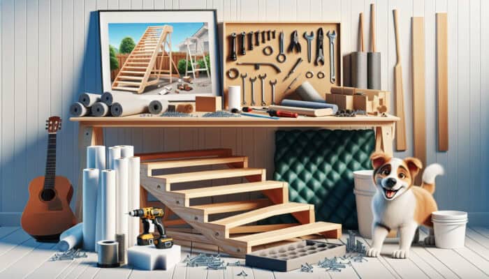 A workshop table displays materials for pet stair ramps: wooden planks, screws, foam padding, fabric covers, tools, and a playful dog nearby.
