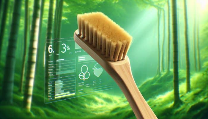 Employing Bamboo Brushes Naturally: Close-up of an eco-friendly bamboo brush with a smooth golden handle and soft natural fiber bristles against a lush green forest backdrop.