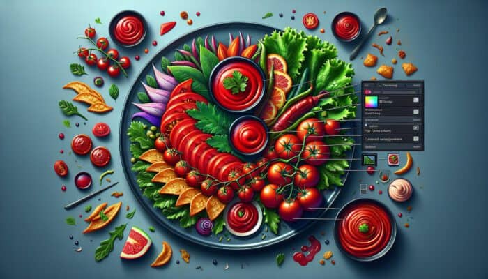 Best Tips for Instagram-Worthy Meals: A vibrant Instagram-worthy meal with ruby-red tomatoes, emerald greens, crunchy garnishes on creamy sauces, artistically plated.