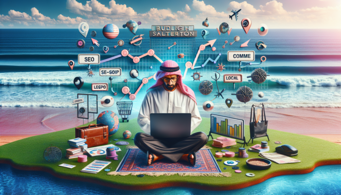 In Budleigh Salterton, a shop owner works at a laptop with floating SEO keywords, local maps, rising graphs, and ocean waves symbolising success.