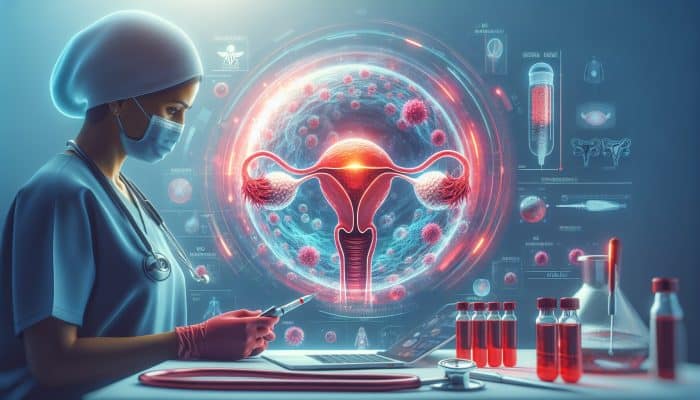 Can a Blood Test Detect an Ectopic Pregnancy: Detailed medical illustration of ectopic pregnancy: fertilised egg in fallopian tube, NHS hCG test vials, doctor in scrubs under urgent red lighting.