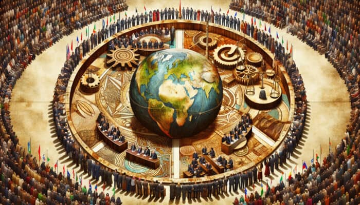 Weathered treaty scroll unrolling on global map, with diplomats discussing, turning gears, dispute scale, cheering crowd, and unity emblem.