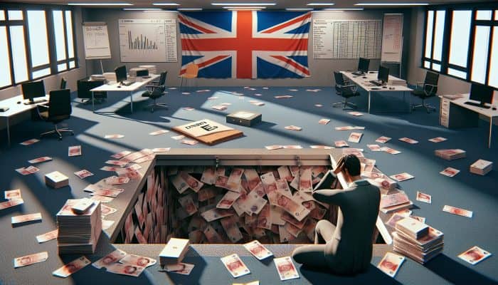 Stressed individual in London office amid scattered pound notes and documents, overlooking trapdoor labeled "Hidden Fees" with Union Jack background.