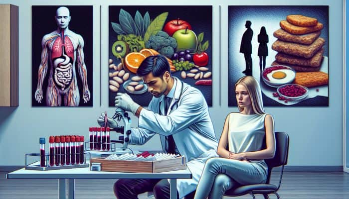 Doctor in a modern UK clinic examines blood samples for coeliac disease, with a relieved patient and symbols of balanced meals highlighting accurate healthcare.