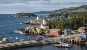A scenic Canadian Maritimes village with colourful houses, a red and white lighthouse on rocky cliffs, and a bridge in the background. A van cruises scenic routes by the water, with lush green hills and forests under a partly cloudy sky.