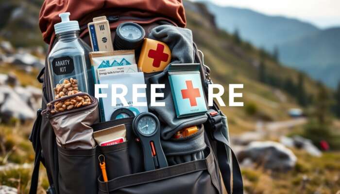 A hiking backpack packed with essentials including a water bottle, energy snacks, a map and compass, a first aid kit, a multi-tool, layered clothing, an emergency whistle, and a headlamp, displayed on a scenic outdoor trail.