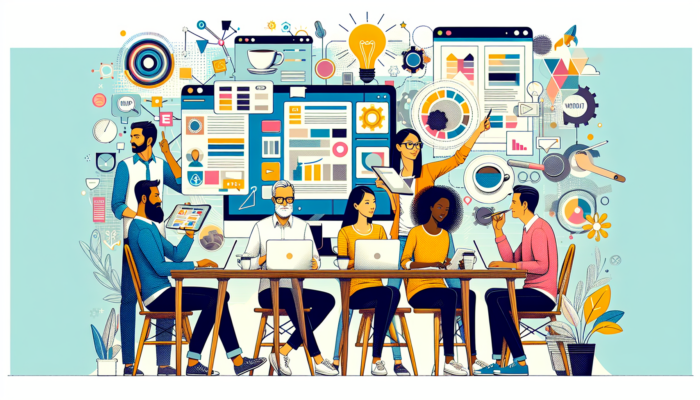 A modern design agency in Wincanton with creatives developing a custom café WordPress theme, featuring vibrant screens, sketches, coffee cups, and innovative tools.