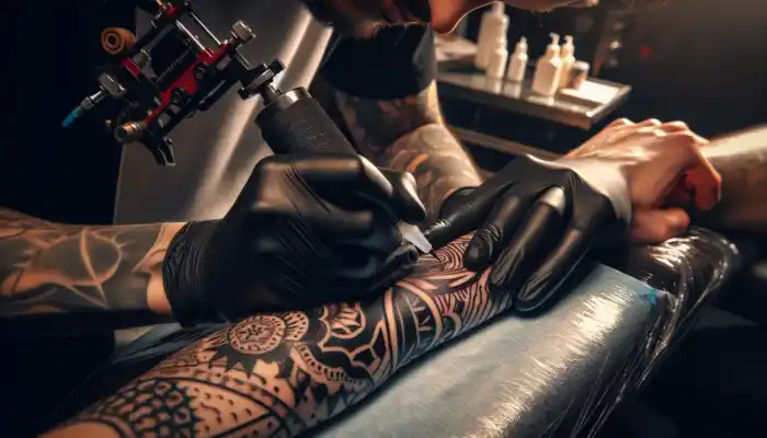 A focused tattoo artist in a busy UK parlour wearing black nitrile gloves while applying an intricate design on a client's arm for safe tattooing.