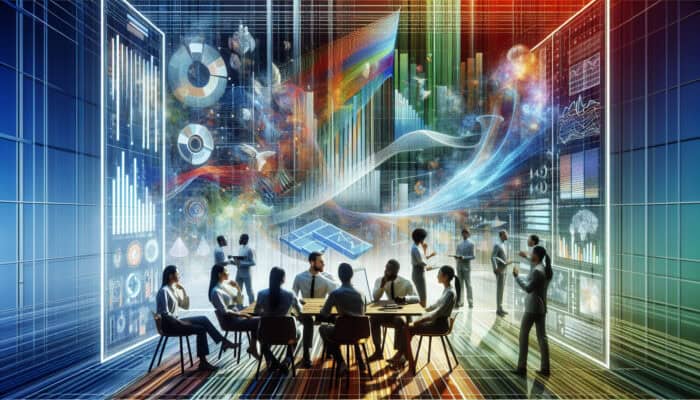 Diverse team in a modern office analyses colourful data charts on screens, sharing documents and discussing feedback.