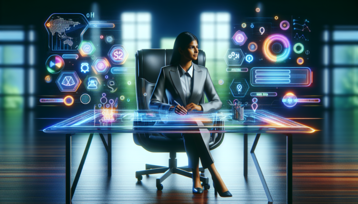 Digital marketer at a stylish desk optimizing a vibrant website with holographic keywords, meta tags, and analytics graphs.