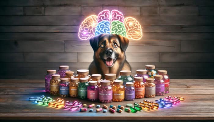 Supplements for Pet Brain Health: Display of pet brain supplements on a wooden table: glossy omega-3 bottles, colorful antioxidant capsules, vitamin packs, and a curious dog with glowing brain icons.