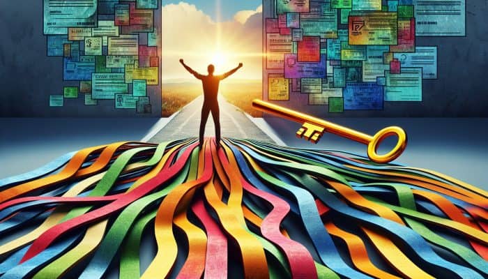 can debt consolidation stop payday lenders?: Pros and Cons | DCL A person breaking free from tangled debt chains merging into a golden key, with a path to sunny horizons and ascending graphs symbolizing financial hope.