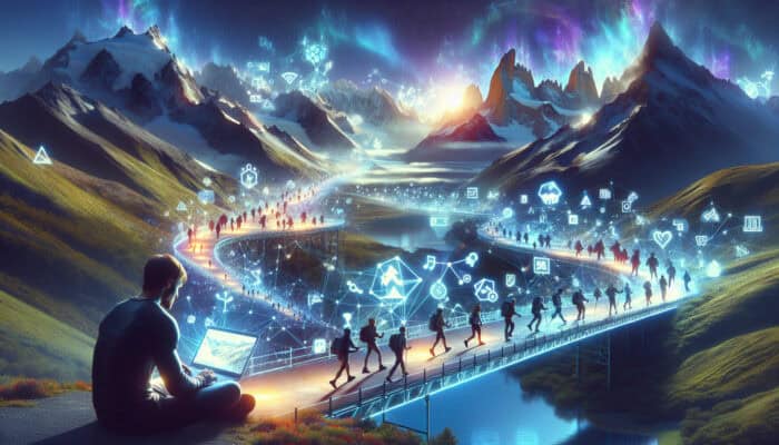 A glowing digital bridge of keywords connects a user at a laptop to a vibrant mountain landscape with hikers, symbolising SEO links.