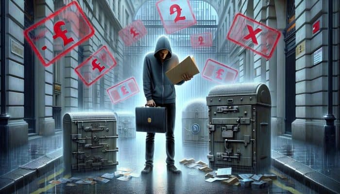 Consolidating Debt with a Thin Credit File: Essential Guide | DCL Consolidating Debt with a Thin Credit File: A worried person in a rainy London street holds an empty credit history folder, surrounded by locked vaults and denied stamps.