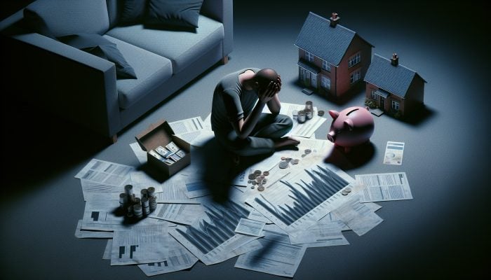 Stressed individual in dimly lit UK home amid bills, child support documents, two house models, cracked piggy bank, and rising expense graphs, symbolising post-separation budgeting challenges.