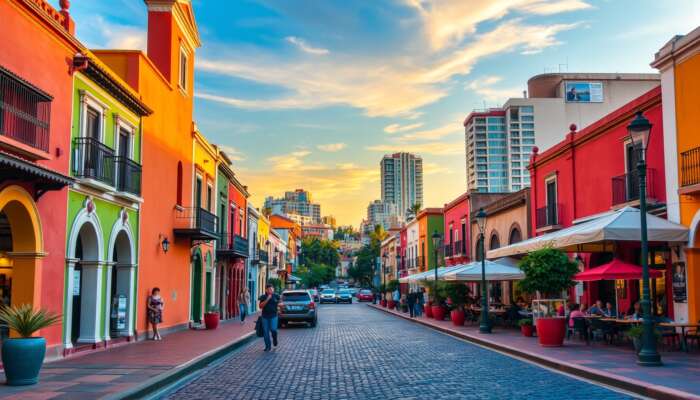 Vibrant street scene in San Miguel de Allende, blending colonial architecture, colorful facades, and cobblestone paths with modern cafes under a sunset sky.