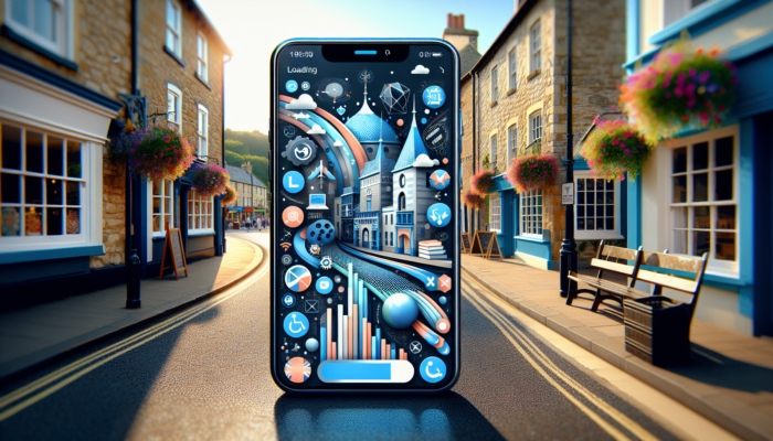 A sleek smartphone displaying a responsive website for a Shepton Mallet business, with adaptive layouts, accessibility icons, and UK street background.