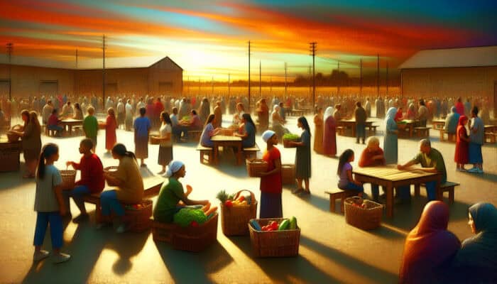 Diverse people in a bustling community center share overflowing baskets, form supportive circles, and connect under a warm sunset sky.