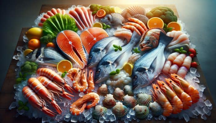 How to Grill Seafood Without Drying It Out: A vibrant fish market display: glossy salmon fillets, firm snapper, plump shrimp, and succulent scallops on crushed ice.