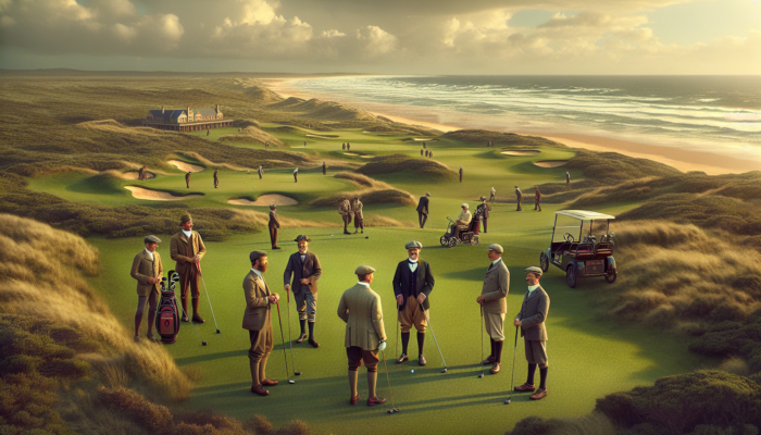 East London Golf Club: 1907 East London Golf Club founding: Enthusiasts in period attire playing on a scenic coastal course with dunes, ocean views, and lush greens.