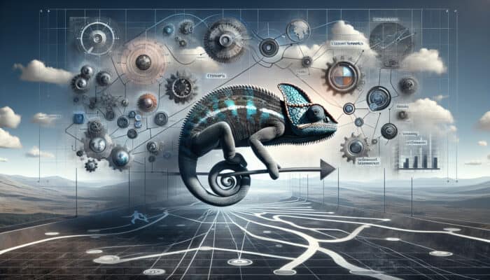 A chameleon-like figure adapts in a shifting market landscape, surrounded by clear pathways, client networks, and evolving gears, symbolising business strategy success.